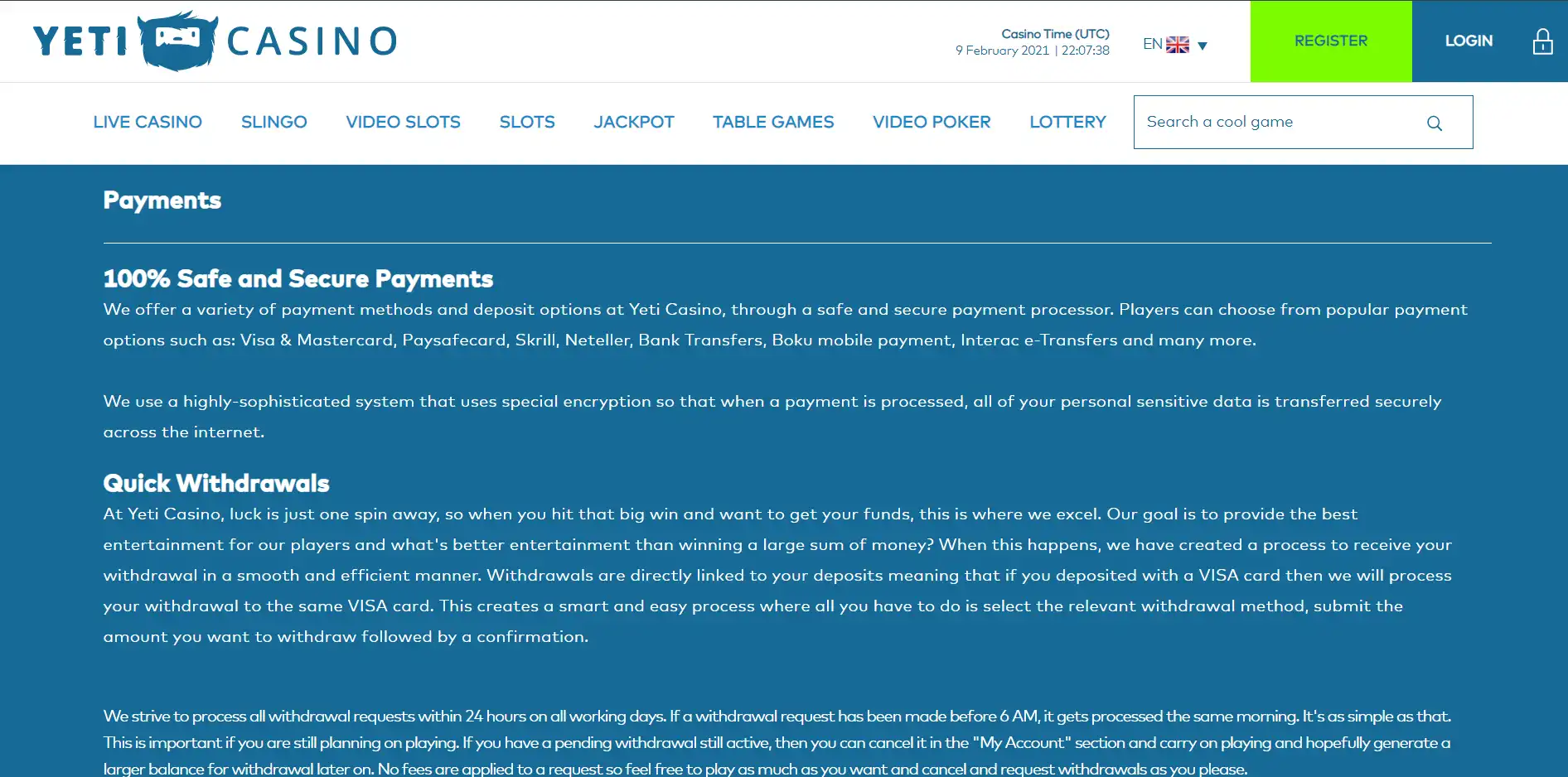 Yeti Casino Payment Methods