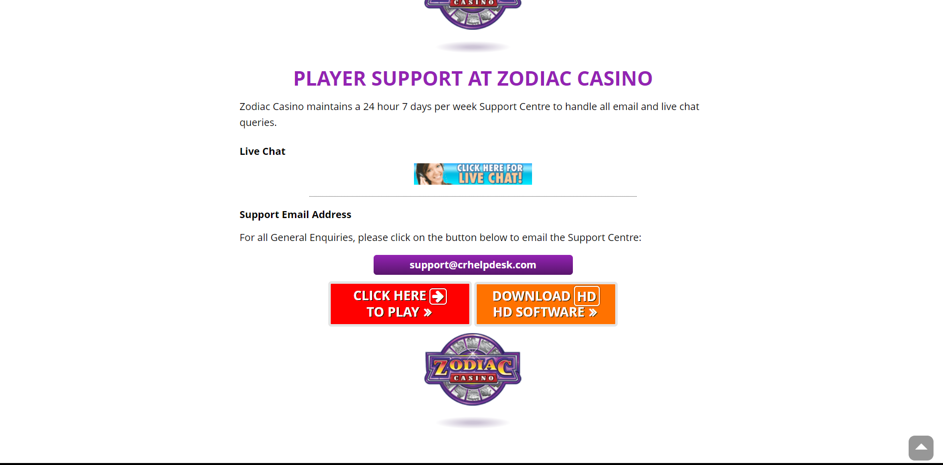 Zodiac Casino Support