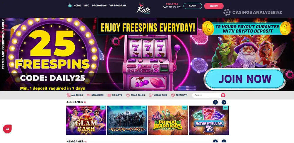 Kats Casino no deposit bonus for New Zealand players.