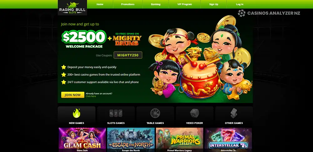 Raging Bull Casino 0 no deposit bonus codes 2024 for New Zealand players.