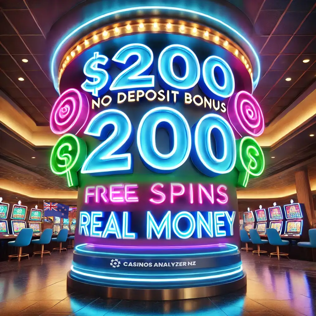 0 No Deposit Bonus 200 Free Spins Real Money sign glowing in New Zealand casino