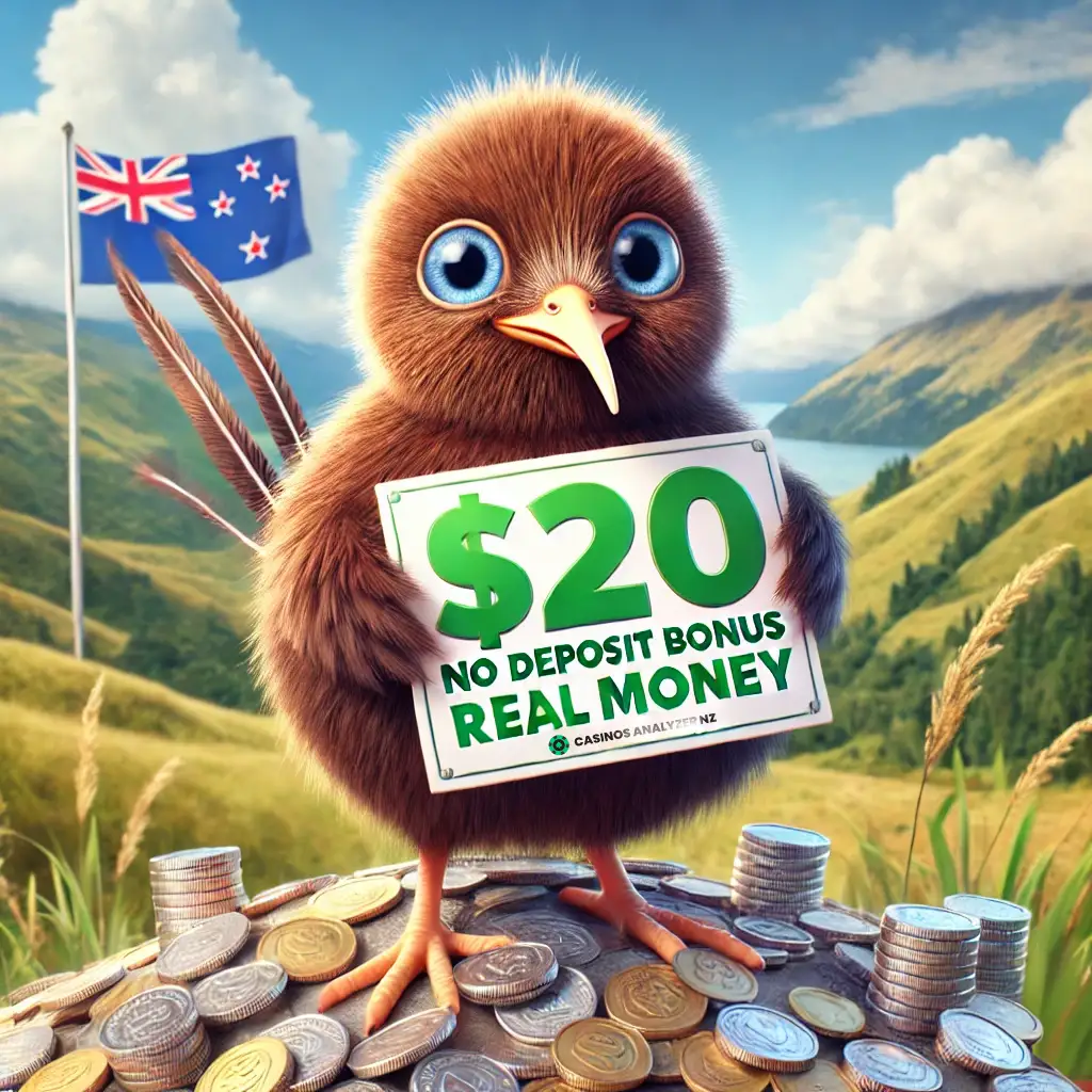 kiwi bird holding sign with  No Deposit Bonus NZ Real Money