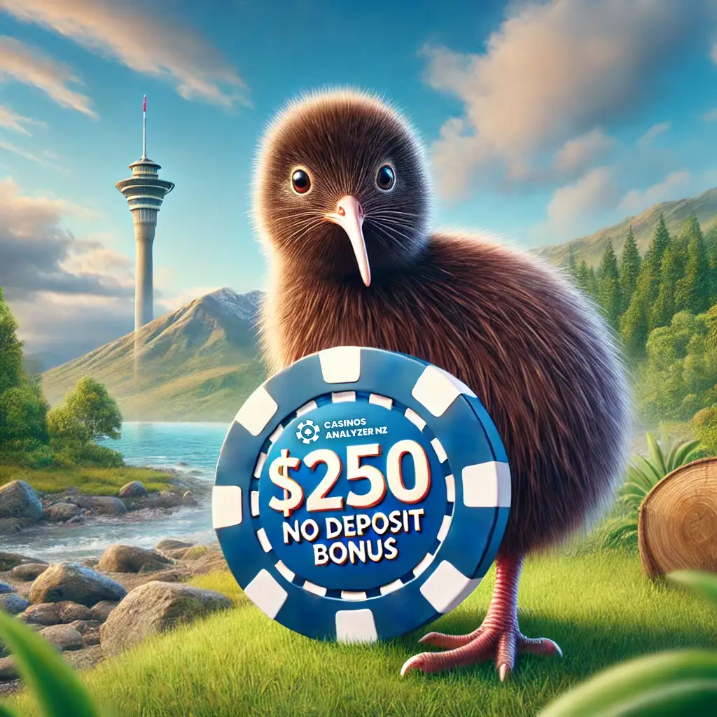 kiwi bird holding chip with 0 No Deposit Bonus, against New Zealand backdrop.