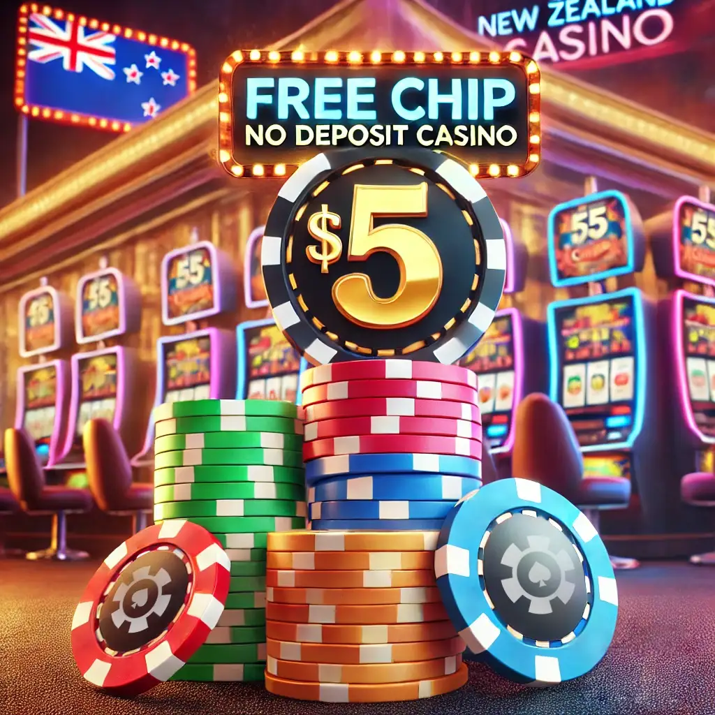 stack of chips with  Free Chip No Deposit Casino coupon on top