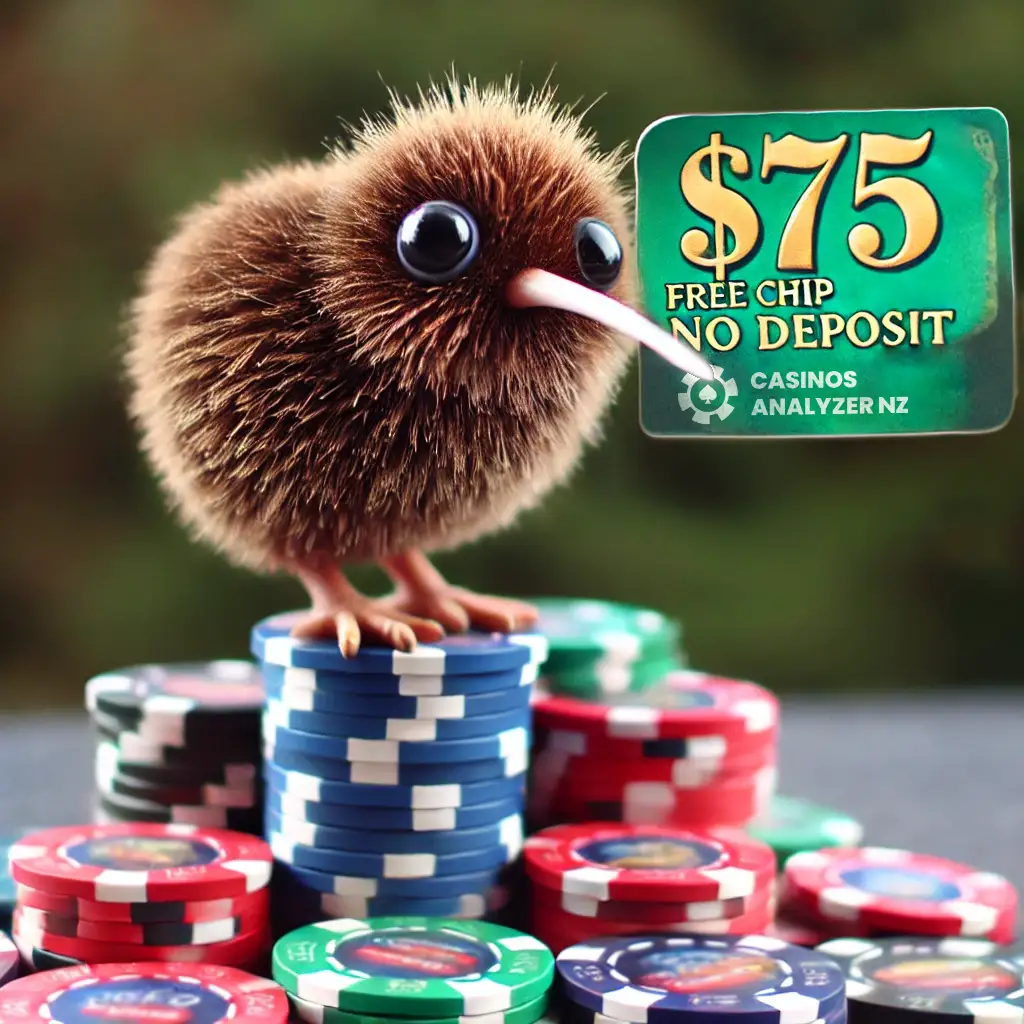 kiwi bird sitting on pile of chips, holding  Free Chip No Deposit card.