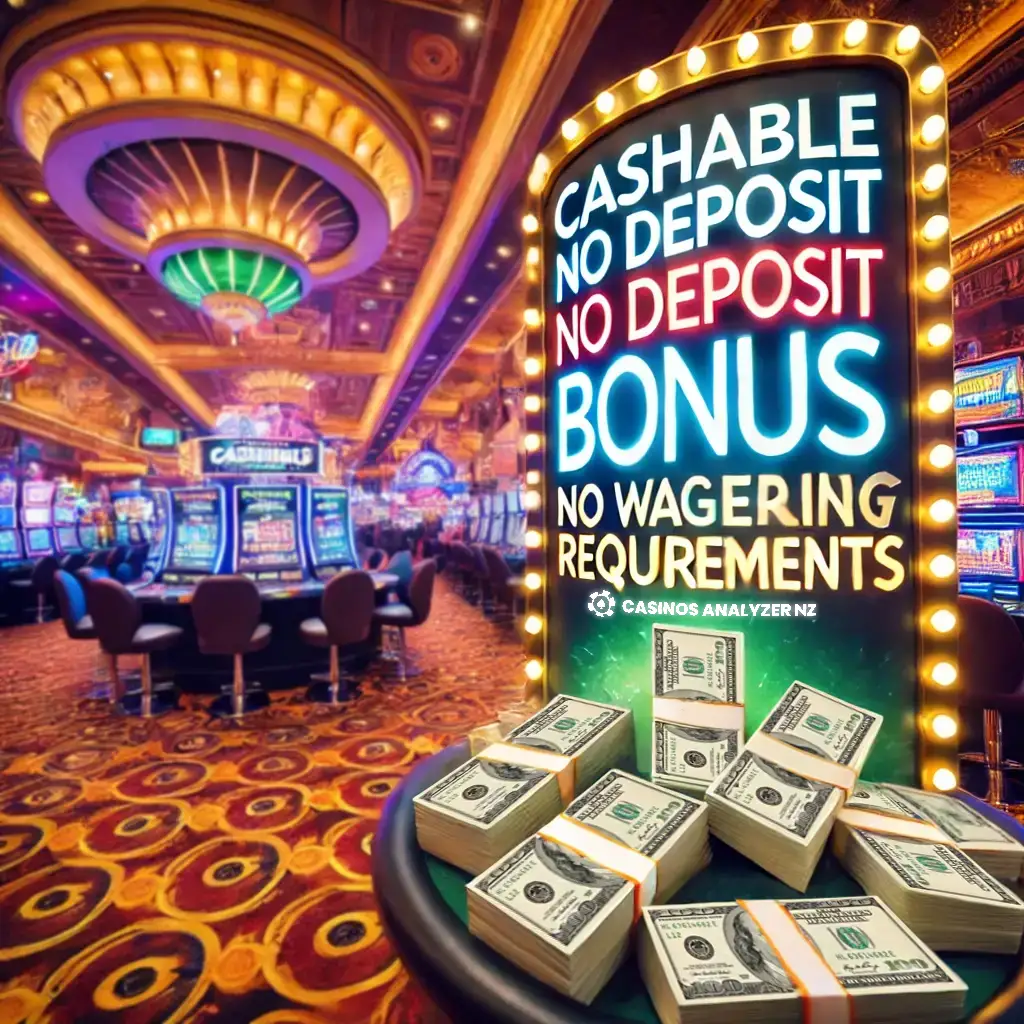 Cashable No Deposit Bonus No Wagering Requirements banner in NZ.