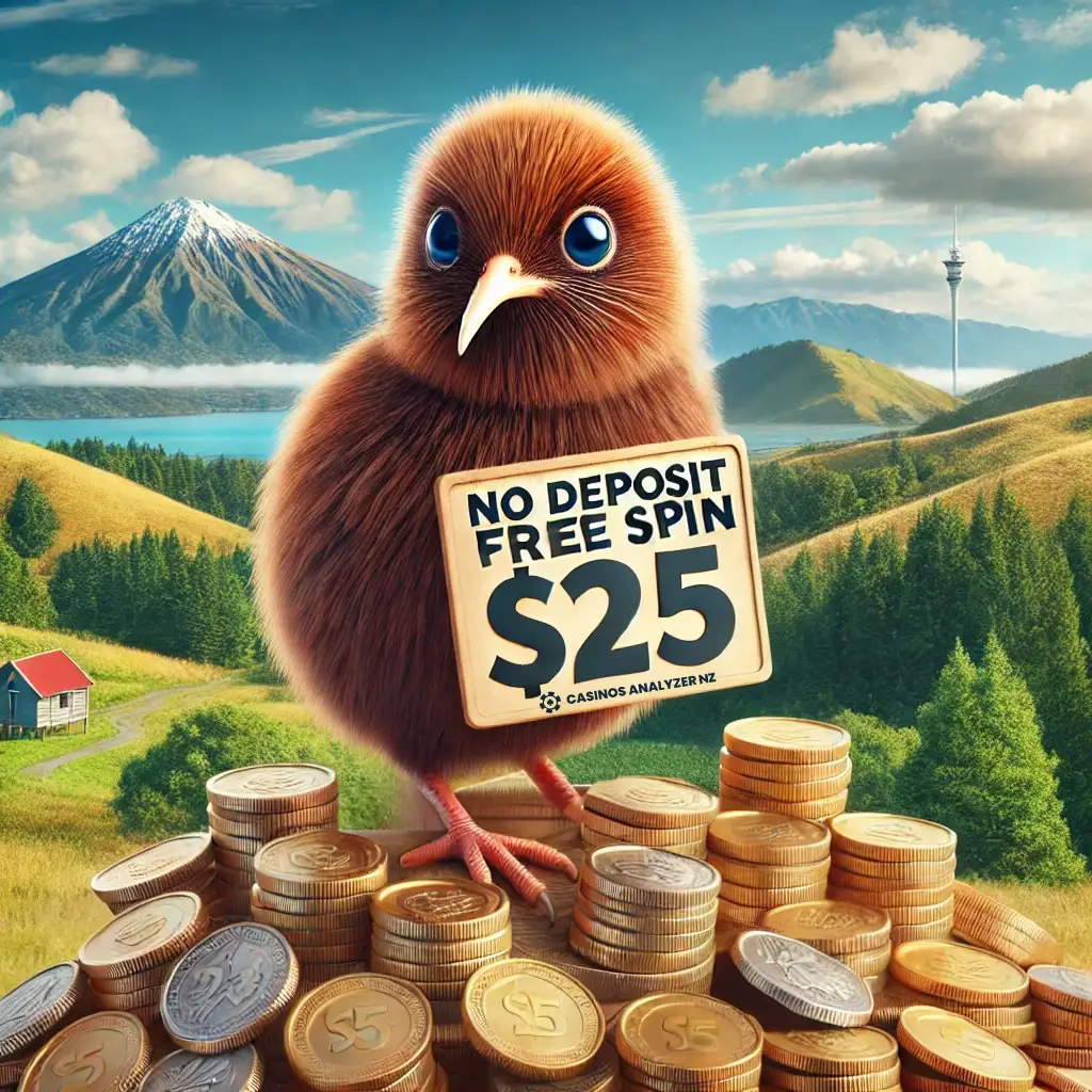 kiwi bird, holding sign Free Spin Casino No Deposit Free  against New Zealand landscape.