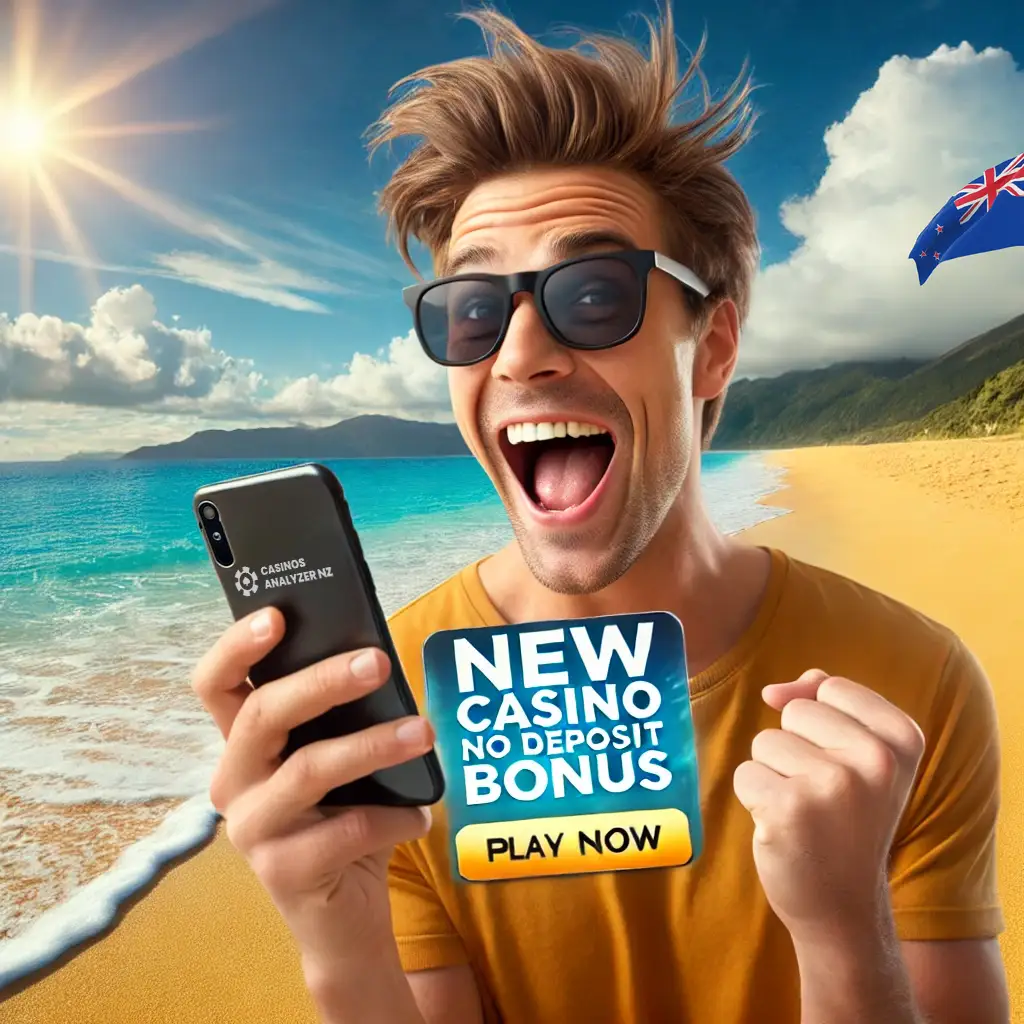 NZ player celebrating New Casino No Deposit Bonus on phone.