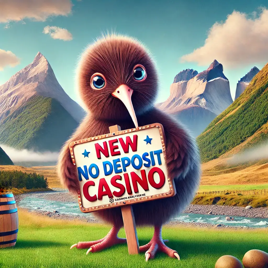 Kiwi bird with New No Deposit Casino sign, NZ backdrop.