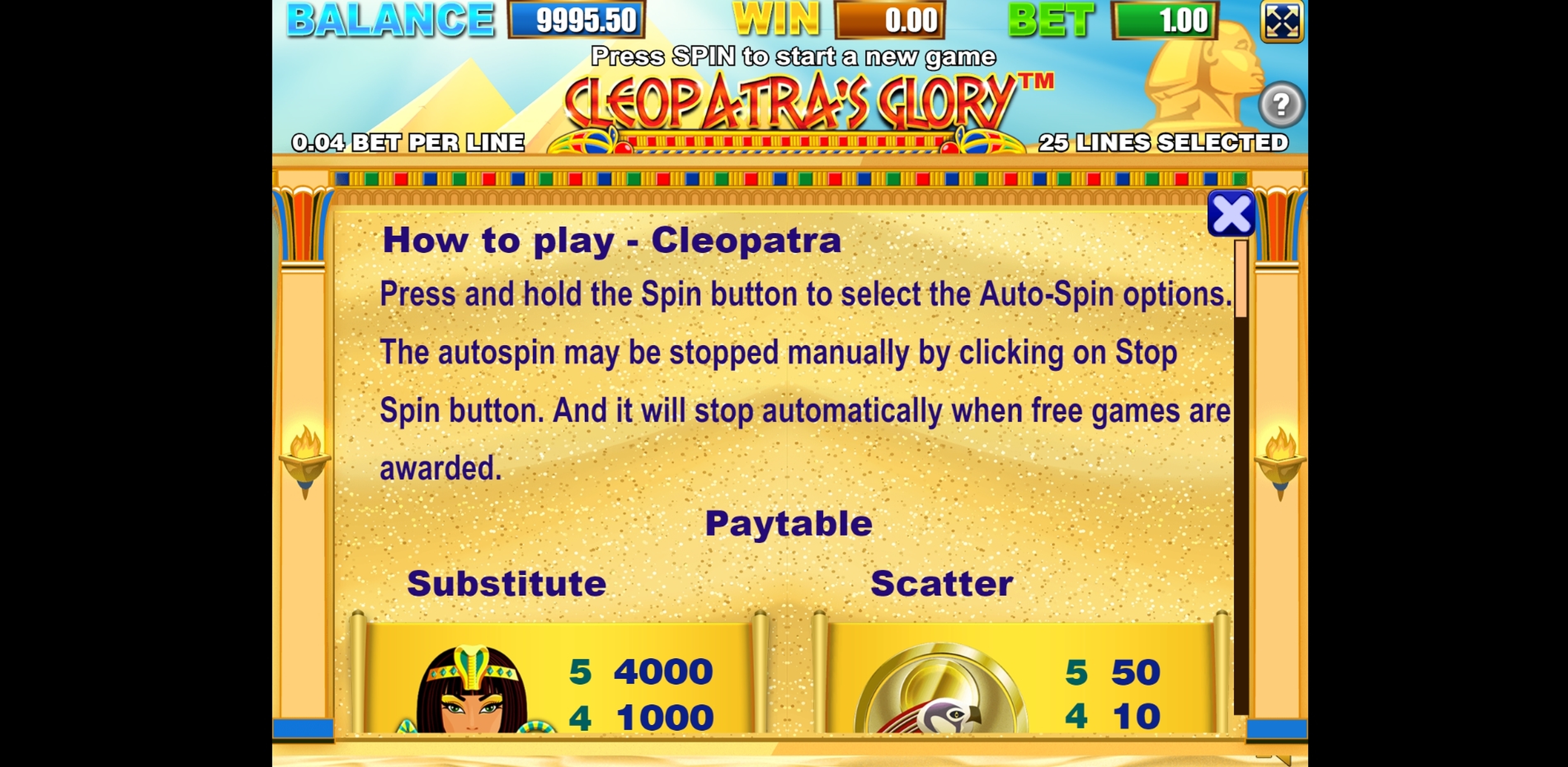 Info of Cleopatras Glory Slot Game by Allbet Gaming