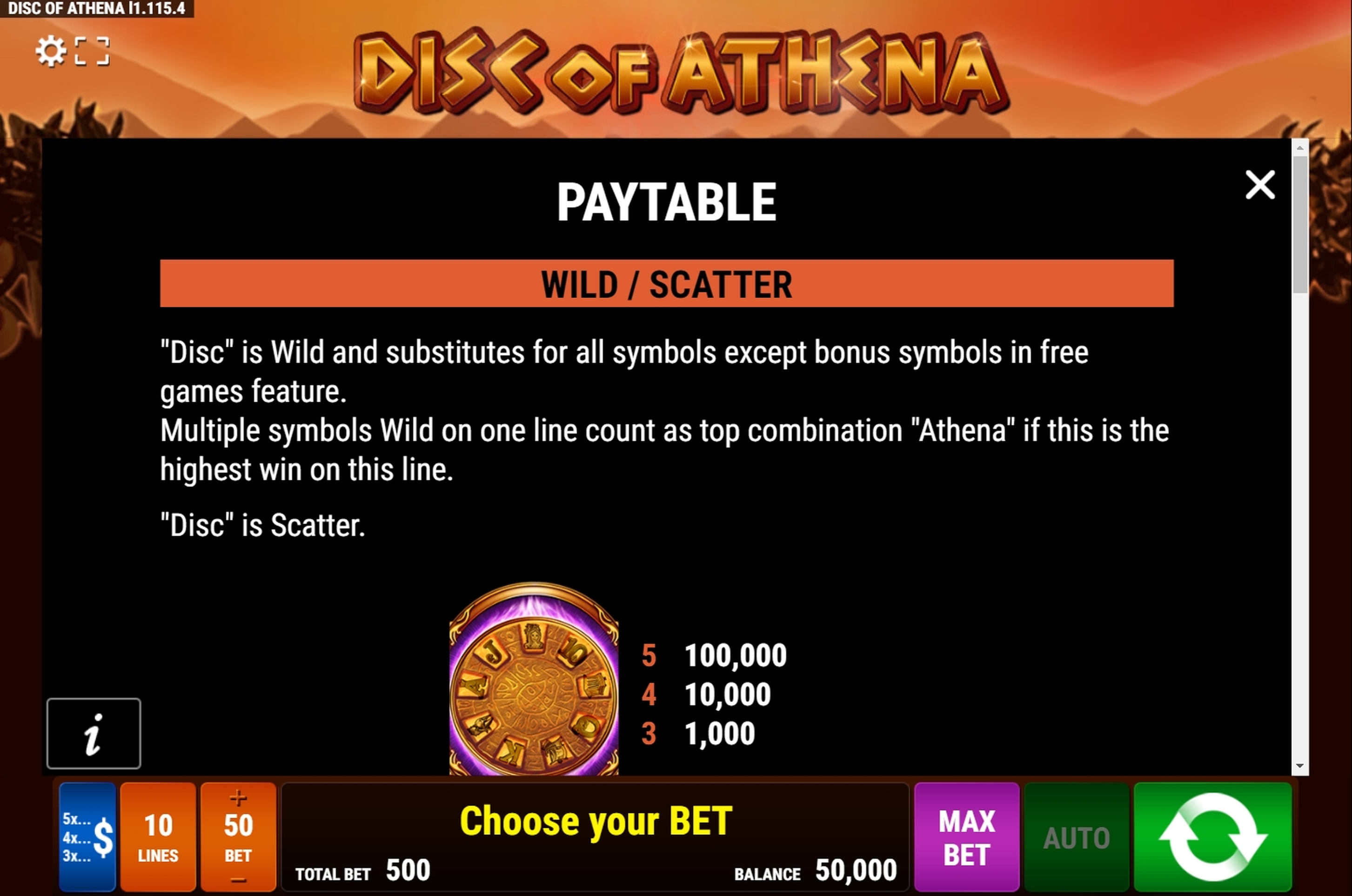 Info of Disc of Athena Slot Game by Bally Wulff