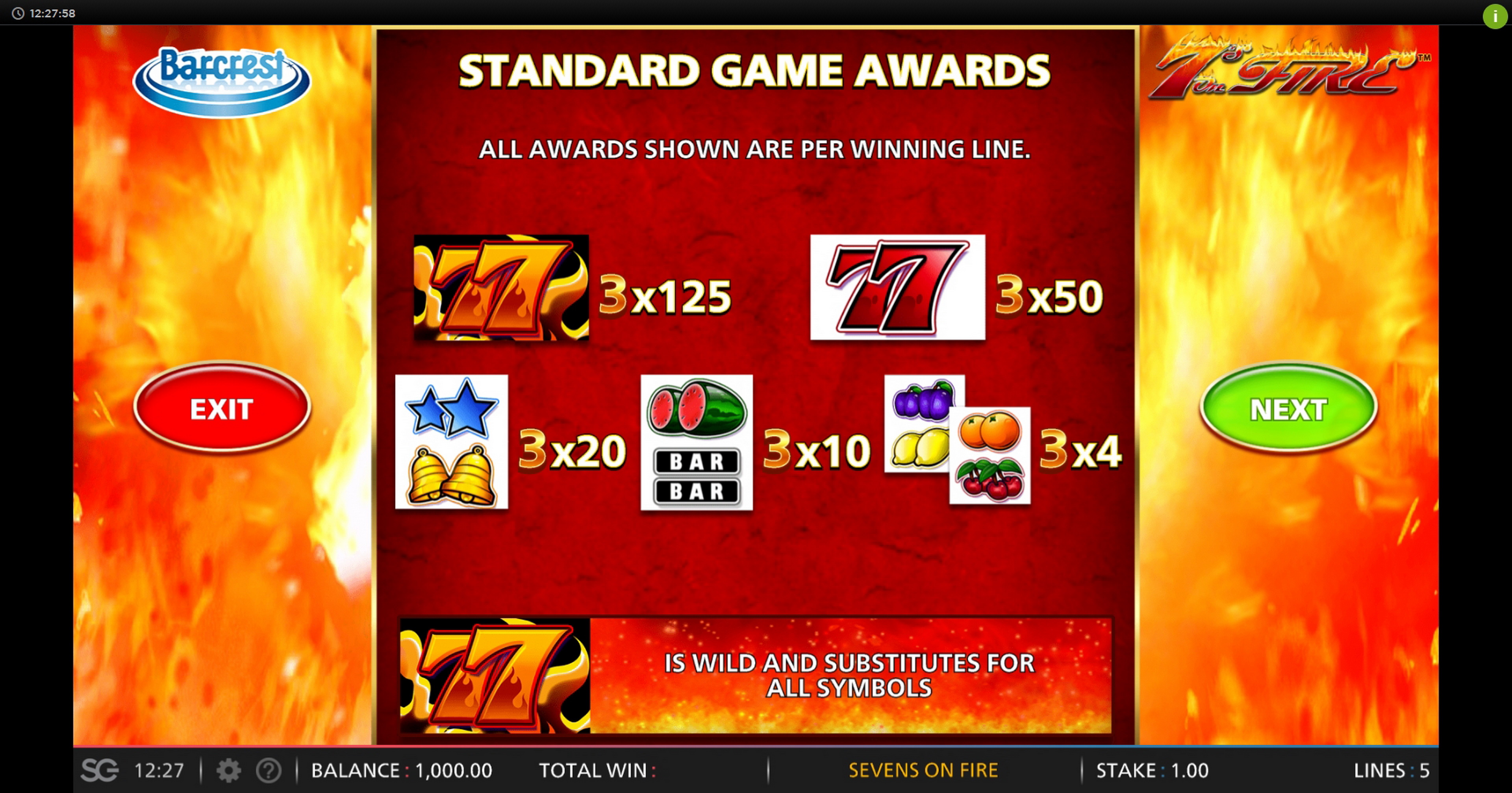 Info of 7s On Fire Slot Game by Barcrest Games