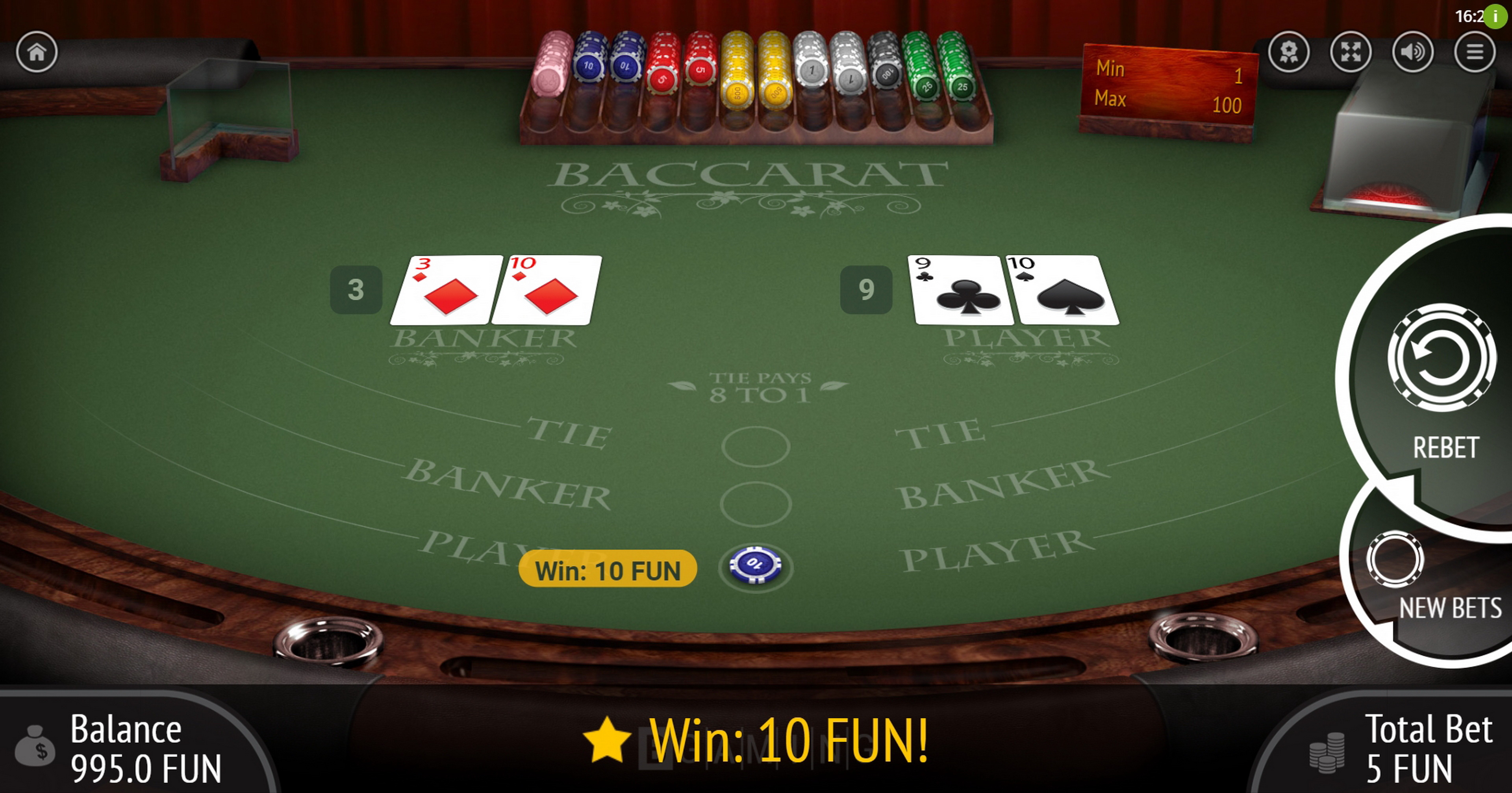 I bet on Baccarat player 10 times in a row what do I win?