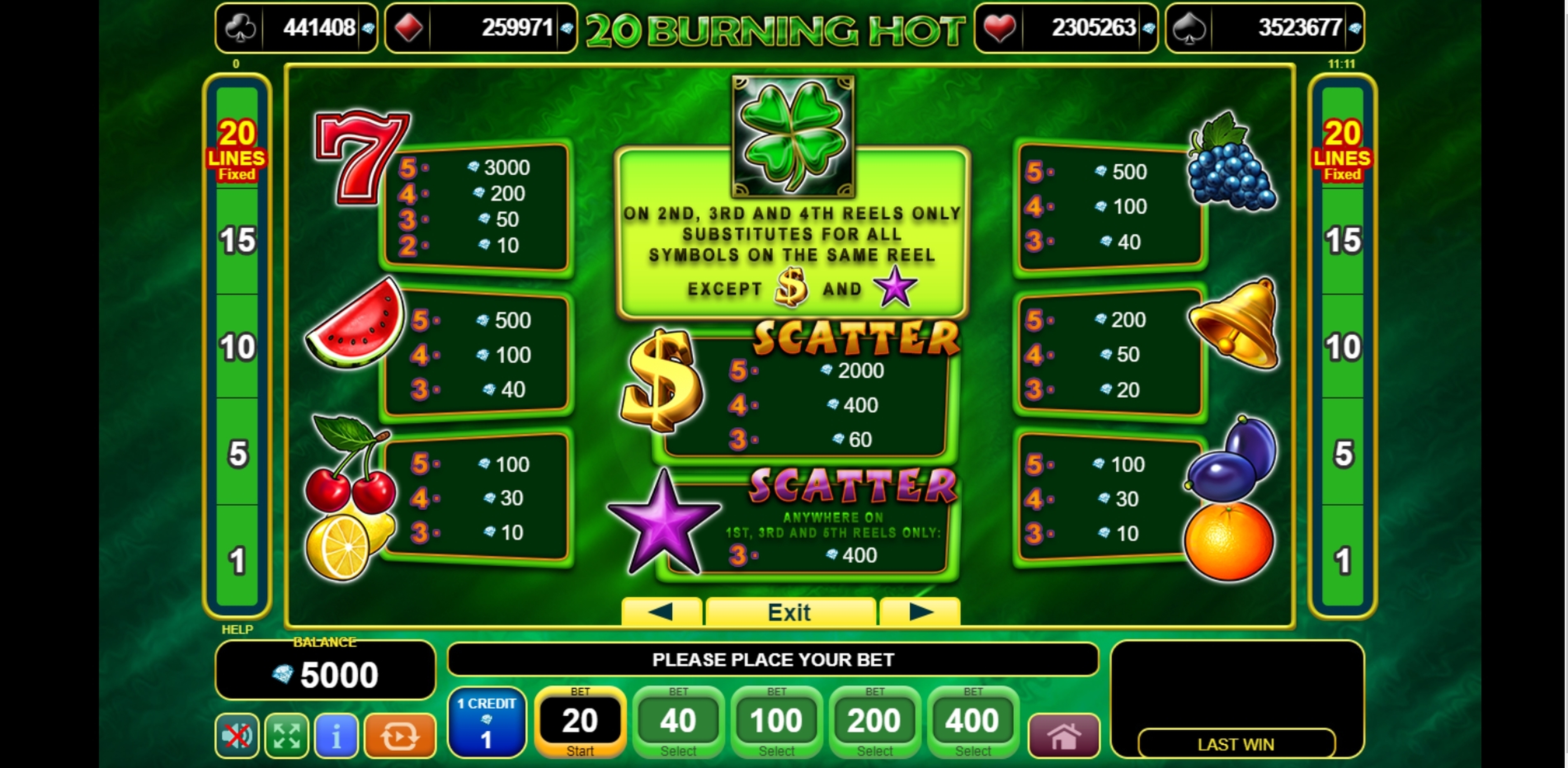 Info of 20 Burning Hot Slot Game by EGT