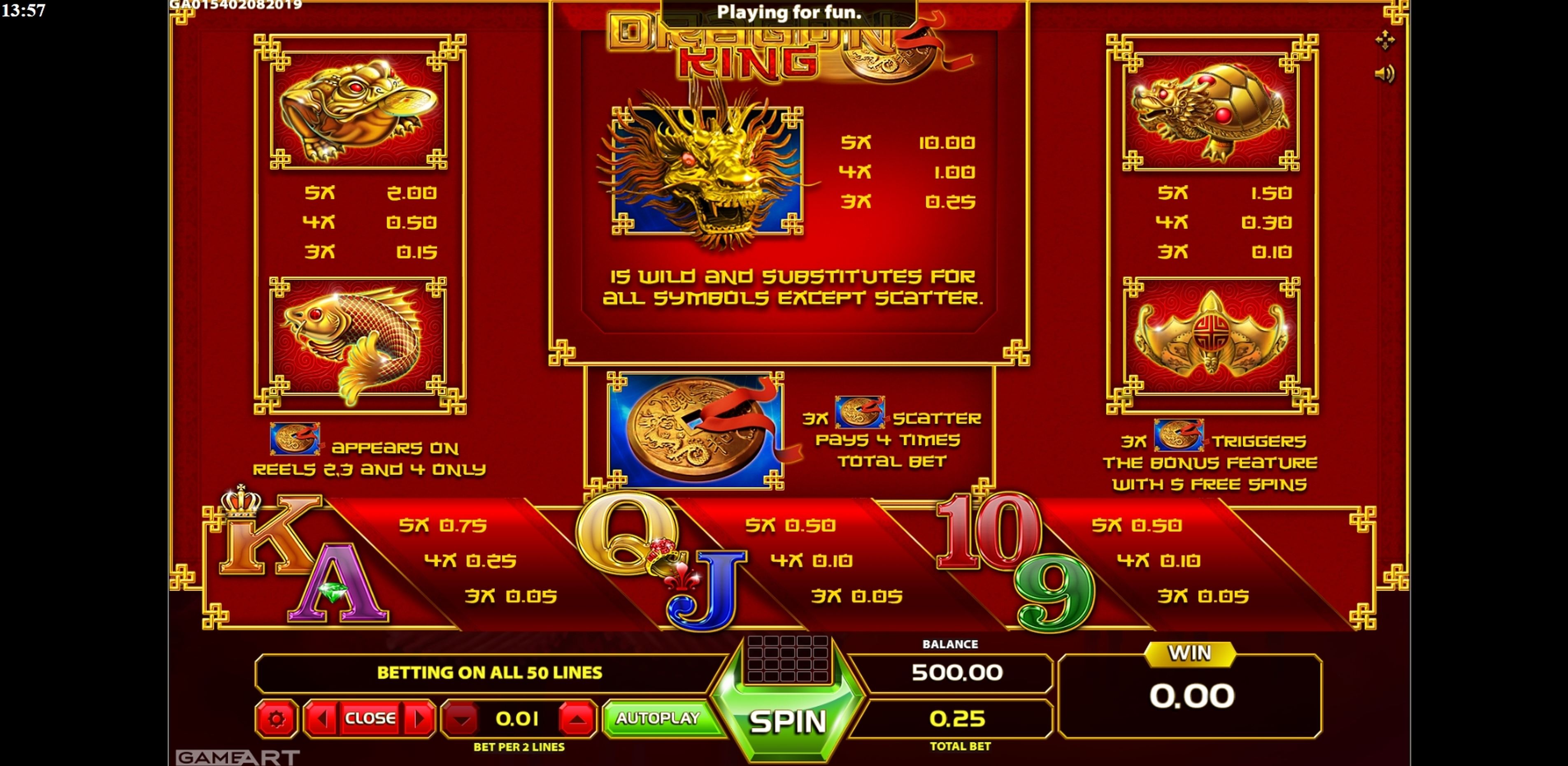 Info of Dragon King Slot Game by GameArt