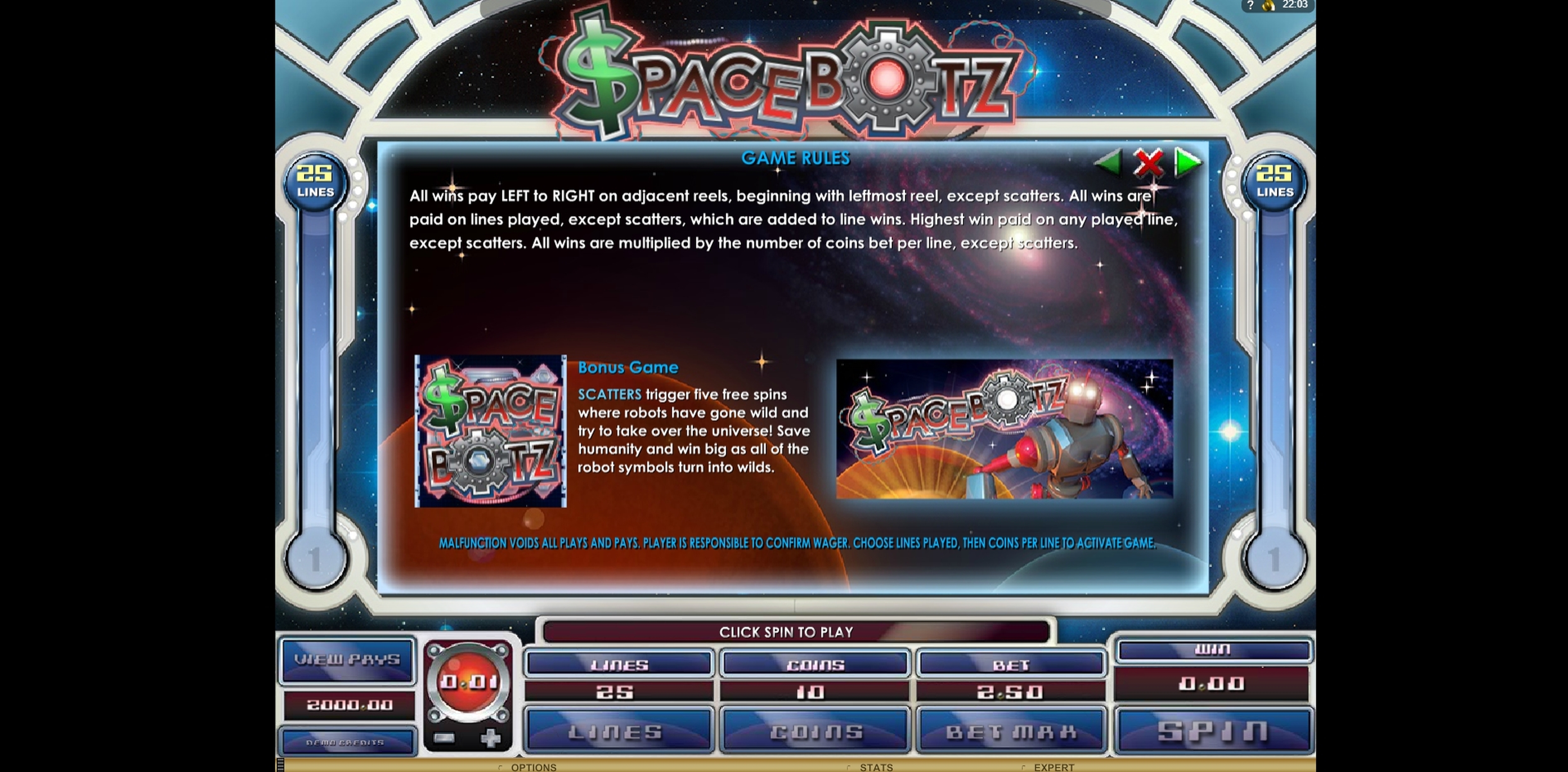 Info of Space Botz Slot Game by Genesis Gaming