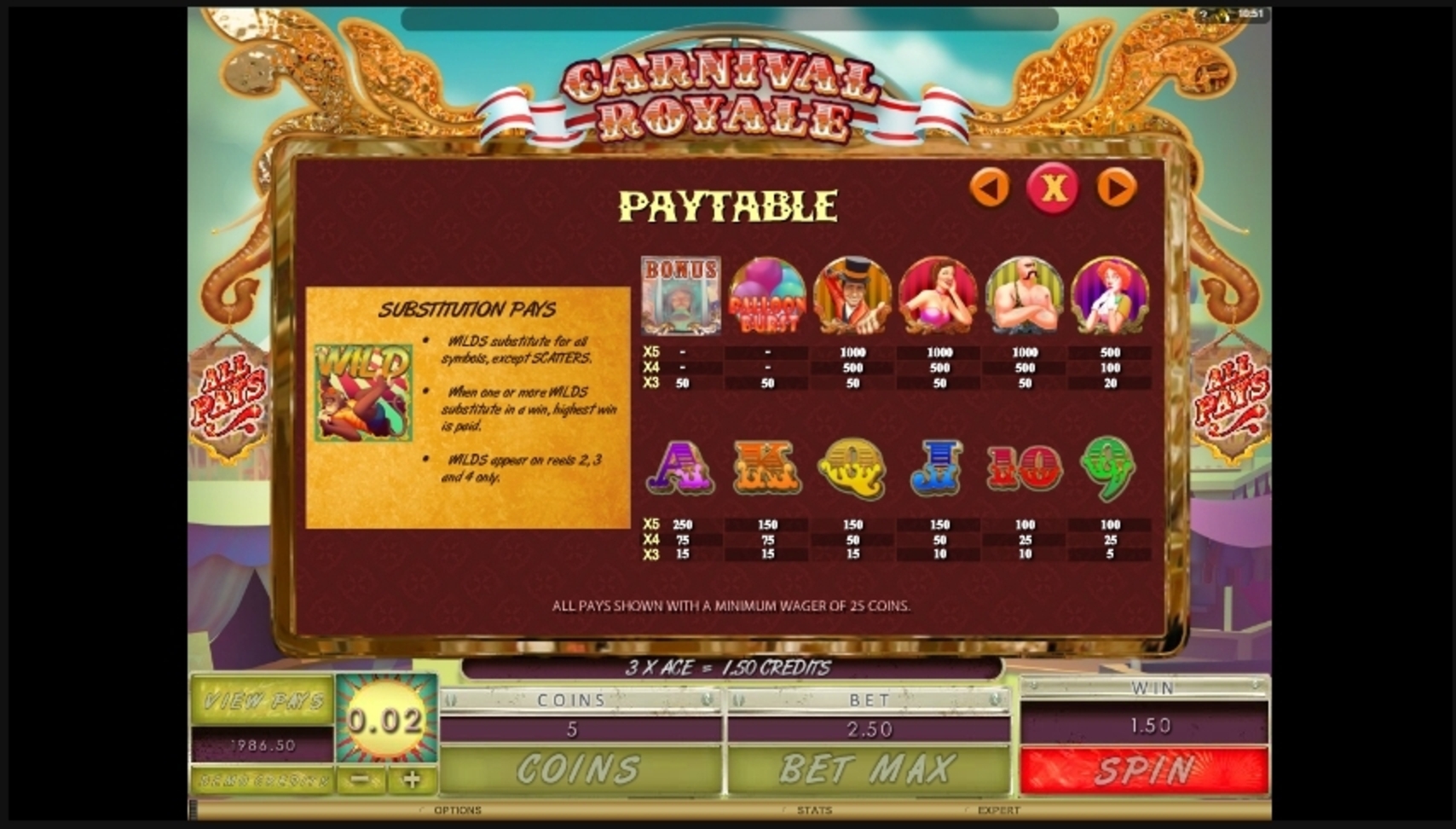Info of Carnival Royale Slot Game by Microgaming