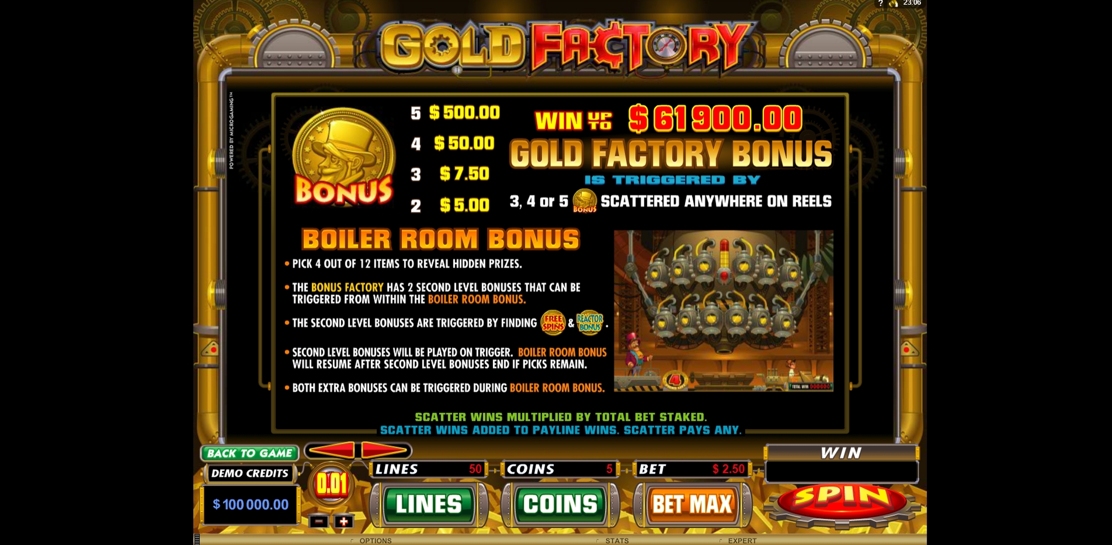 Info of Gold Factory Slot Game by Microgaming