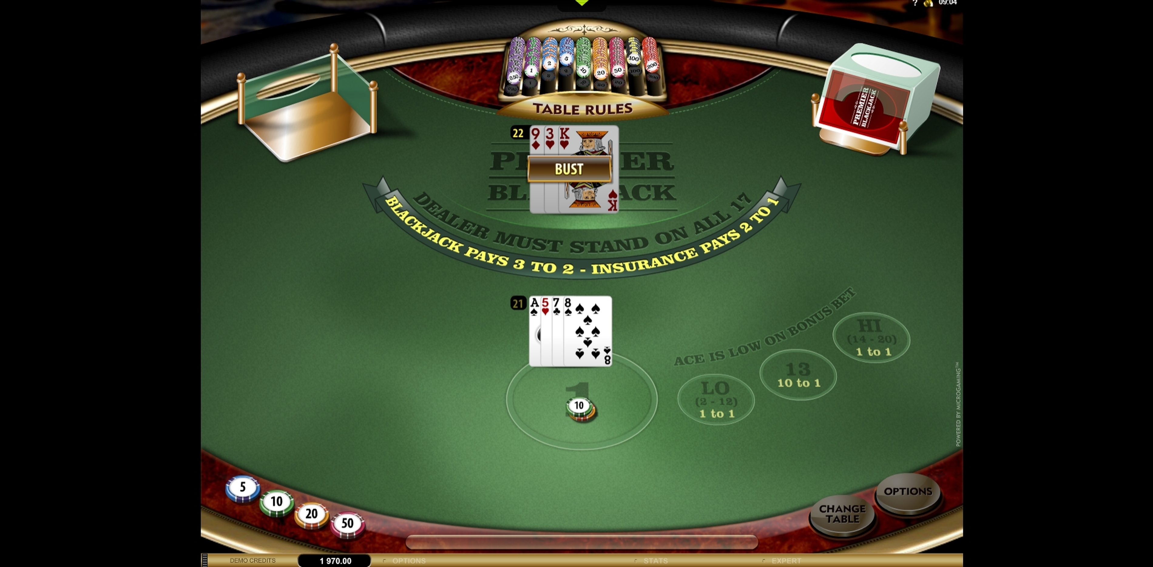 Win Money in Premier Hi Lo Blackjack Free Slot Game by Microgaming