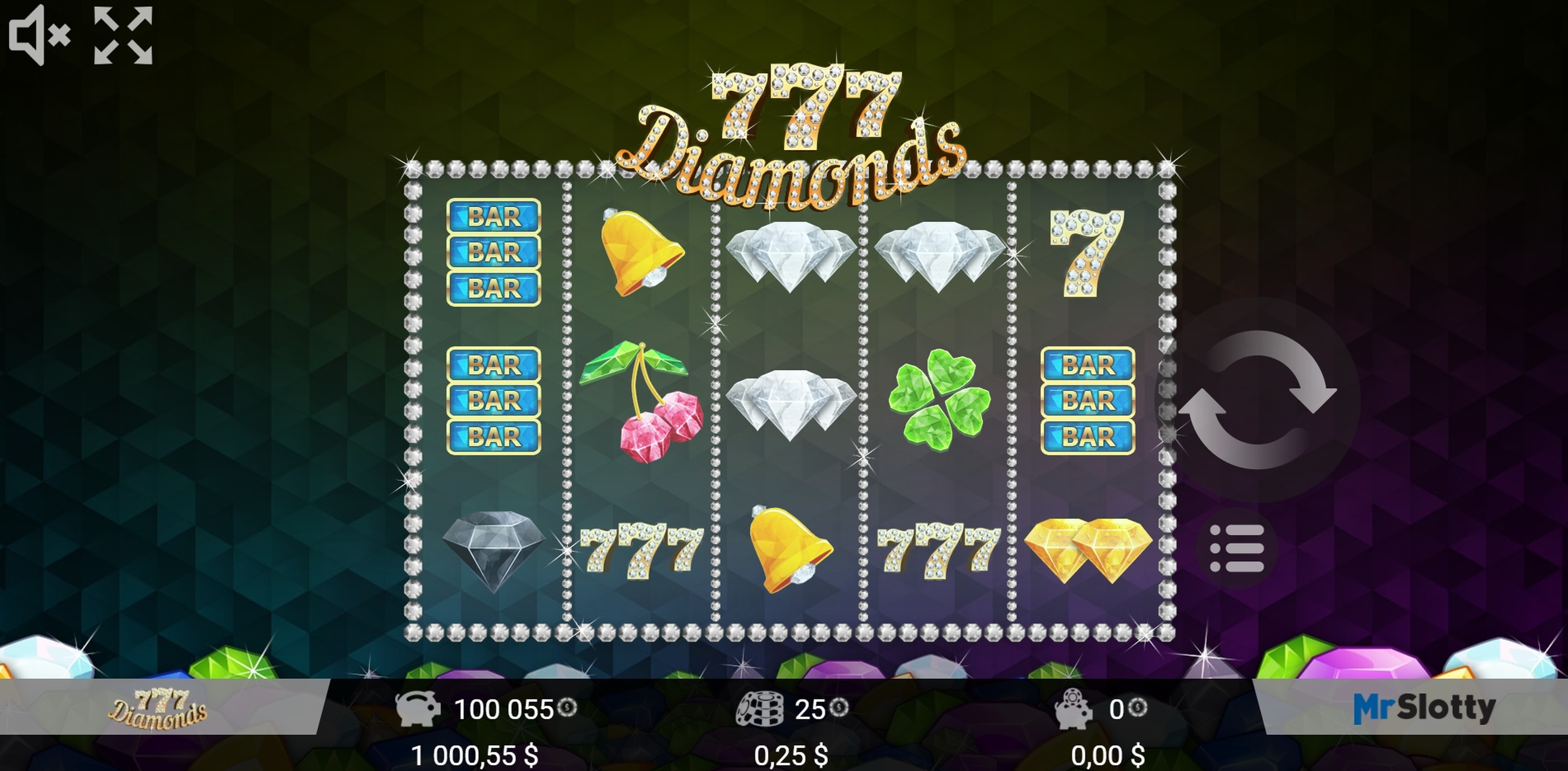 Reels in 777 Diamonds Slot Game by Mr Slotty