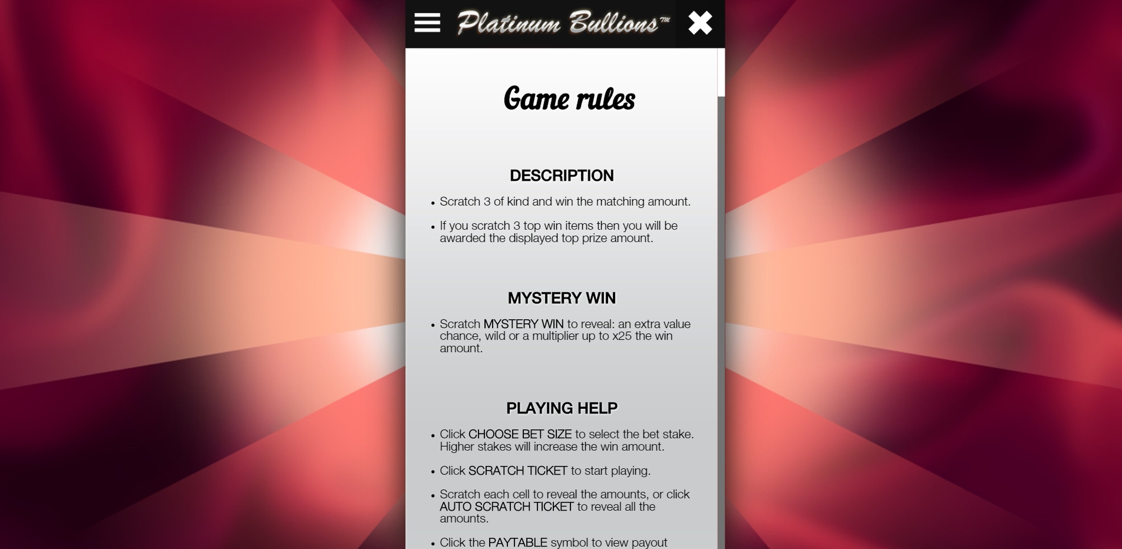 Info of Platinum Bullions Slot Game by OMI Gaming
