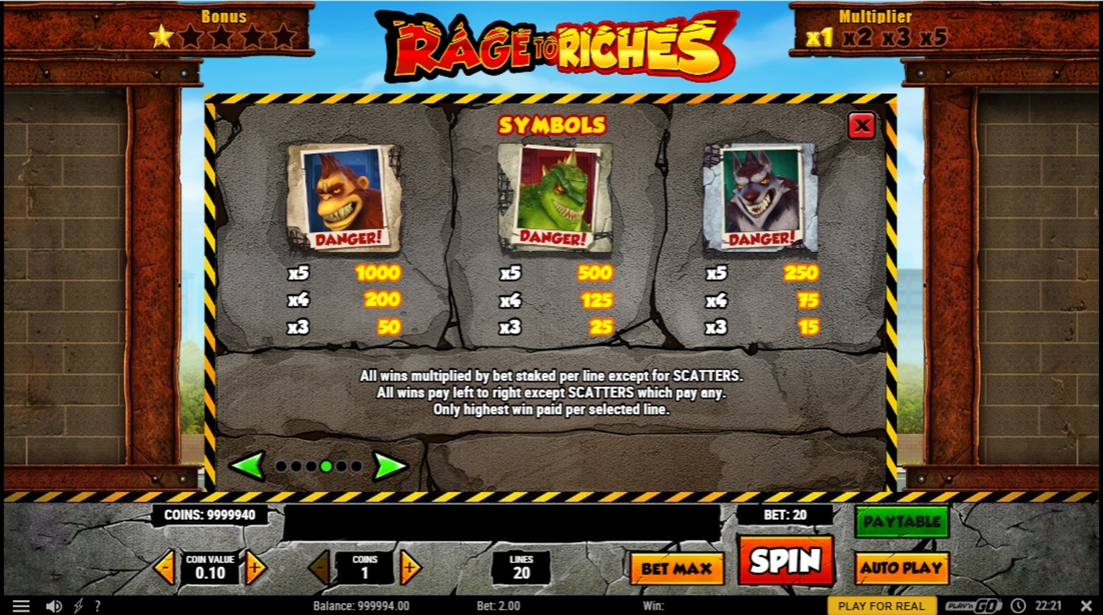 Info of Rage to Riches Slot Game by Playn GO