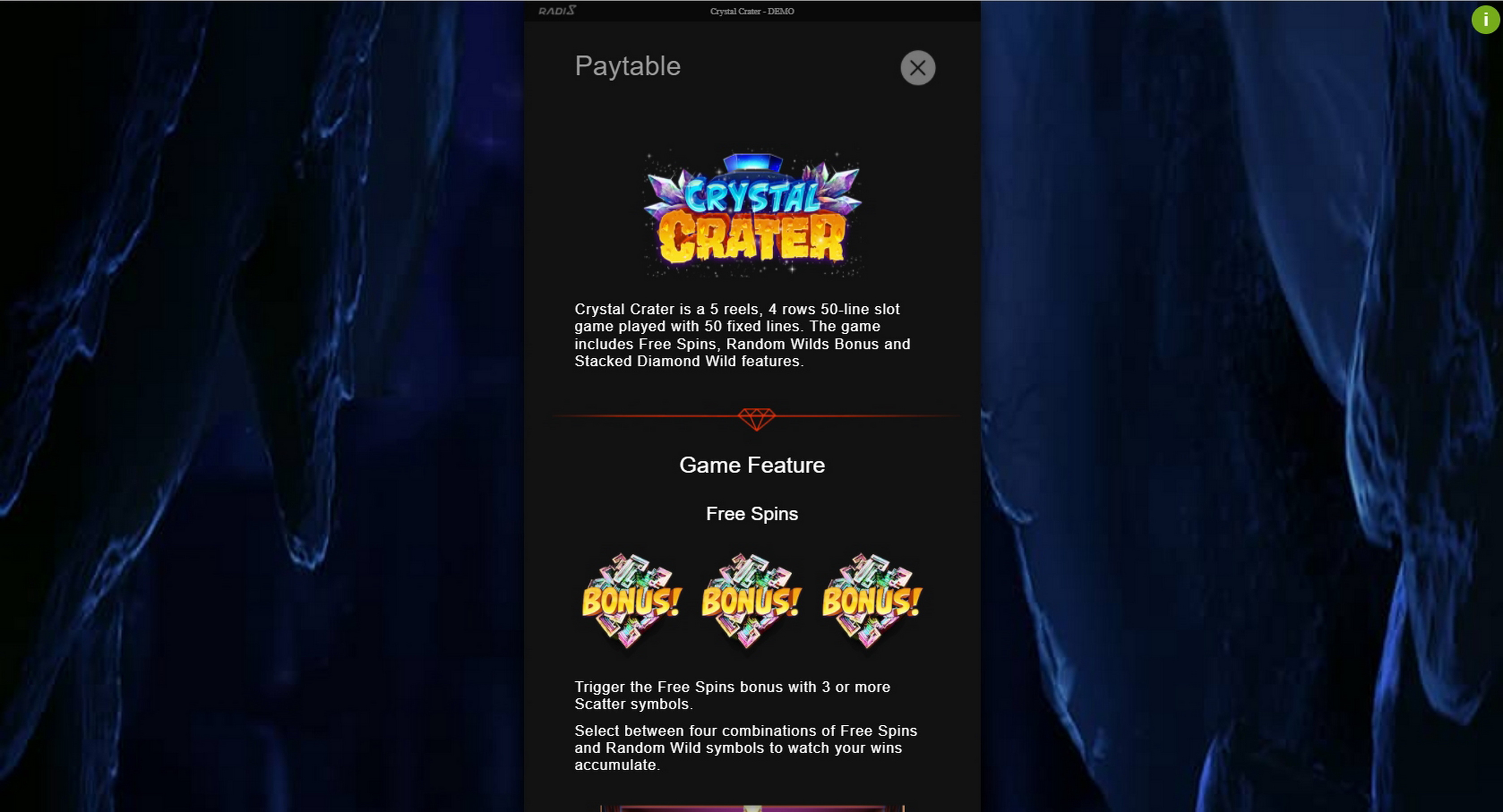 Info of Crystal Crater Slot Game by Radi8