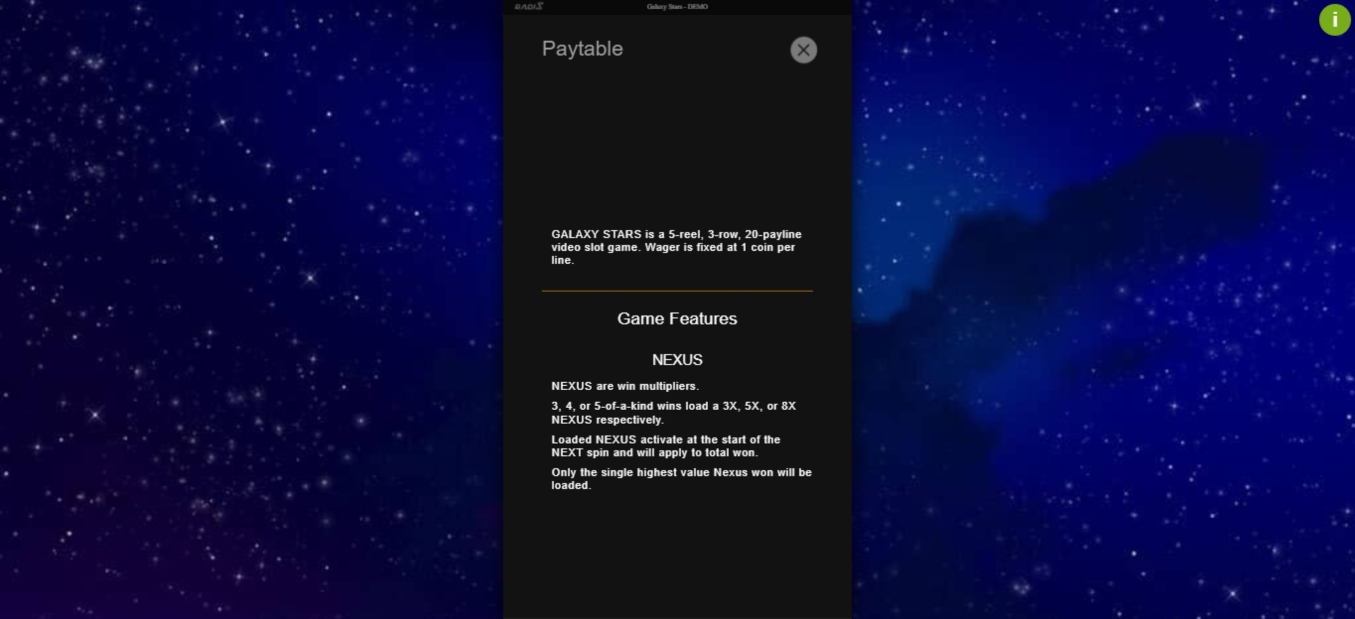 Info of Galaxy Stars Slot Game by Radi8