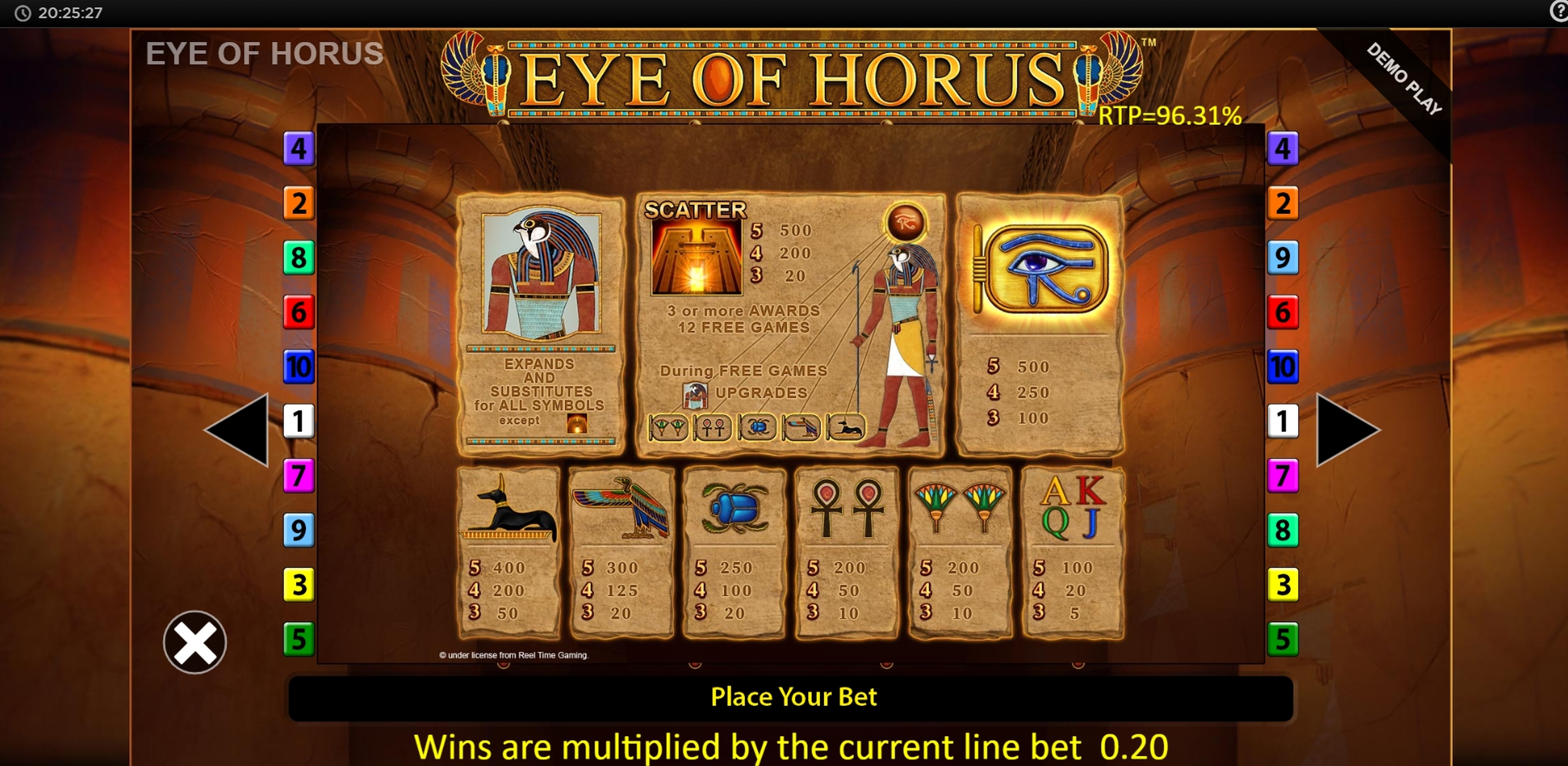 Eye of Horus demo play, Slot Machine Online by Reel Time Gaming Review