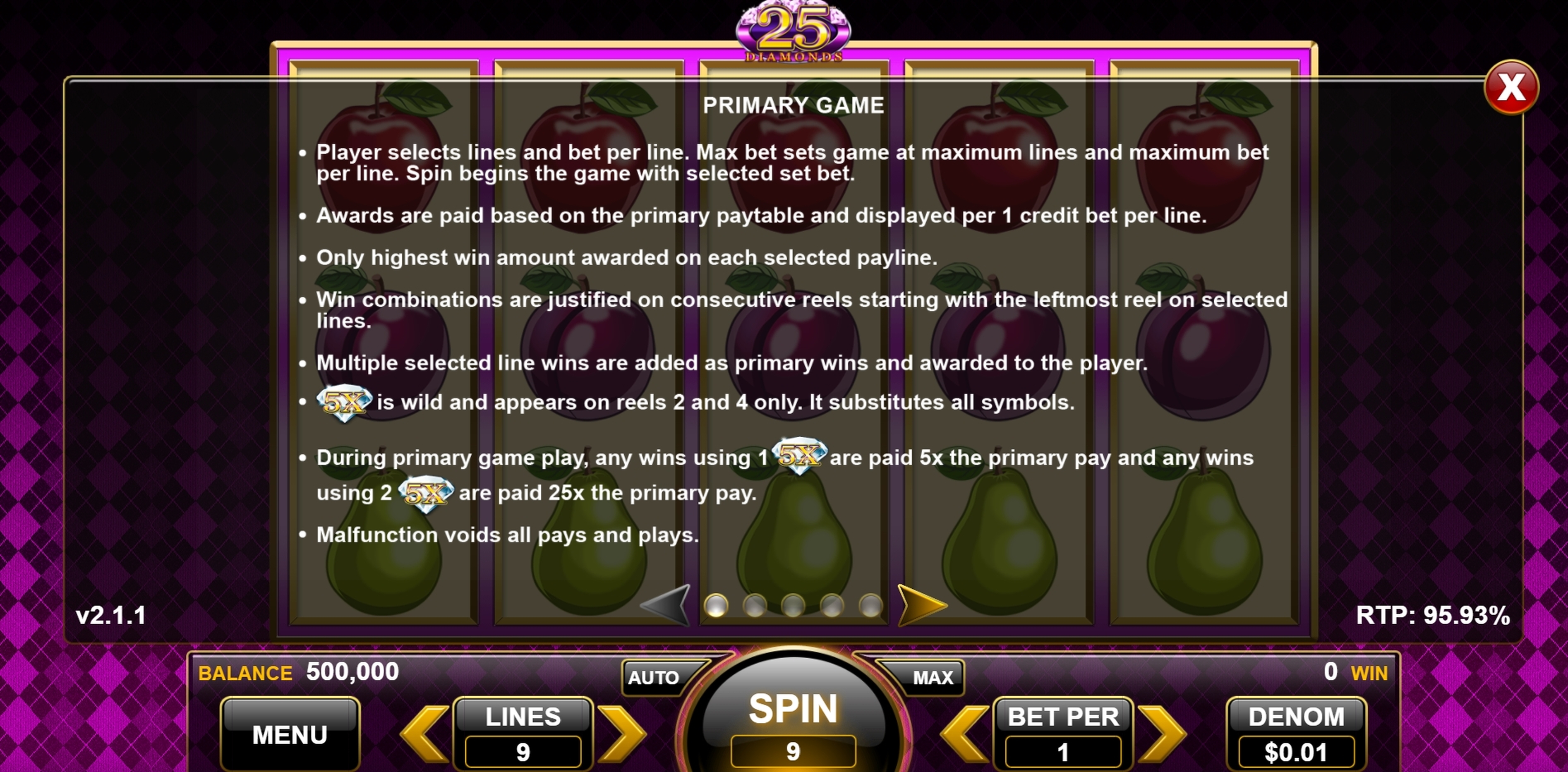 Info of 25 Diamonds Slot Game by Spin Games