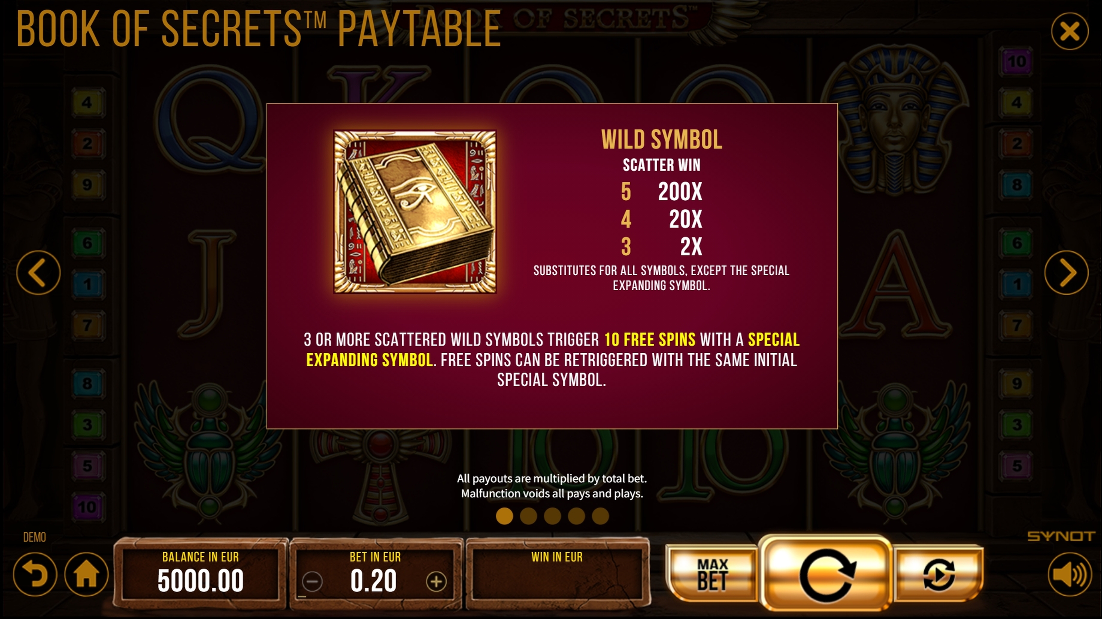 Info of Book of Secrets Slot Game by Synot Games